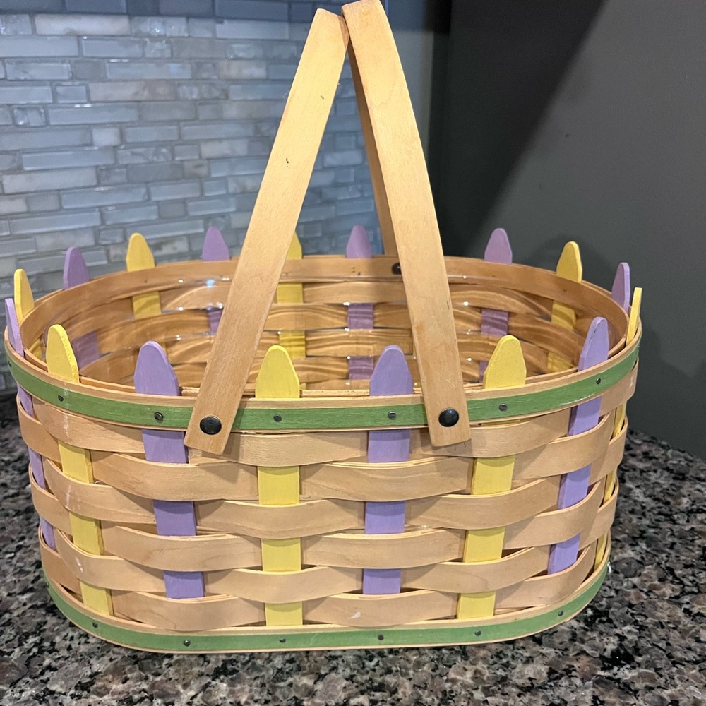 Longaberger Handwoven Wood Basket with Lavender and Yellow Accents